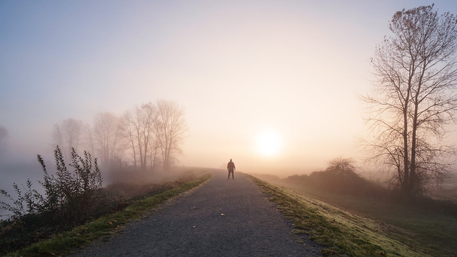 Une silhouette marche sur une route dans la brume, vers le soleil qui se lève.
